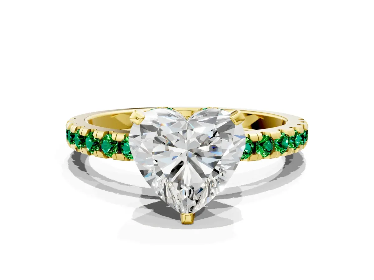 Heart Cut Diamond Solitaire Ring with Round Emerald Pavé Band and Four-Prong Setting Yellow gold