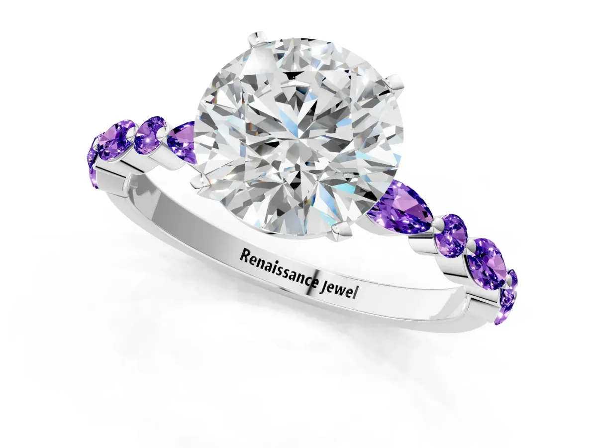 Round Cut Diamond Ring with Marquise and Round Tanzanite Side Stones and Four-Prong Setting Silver