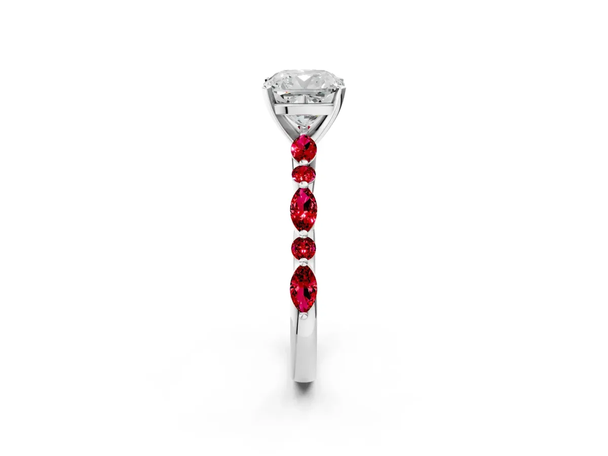 Cushion Cut Diamond Ring with Marquise and Round Ruby Side Stones and Four-Prong Setting Silver