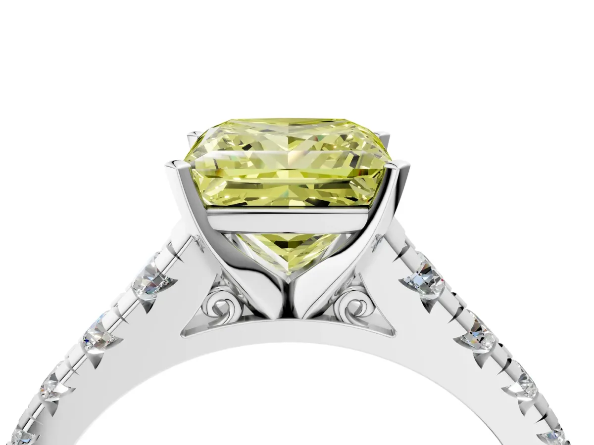 Fancy Yellow Princess Cut Diamond Cathedral Solitaire Ring with Round Pavé Band Platinum