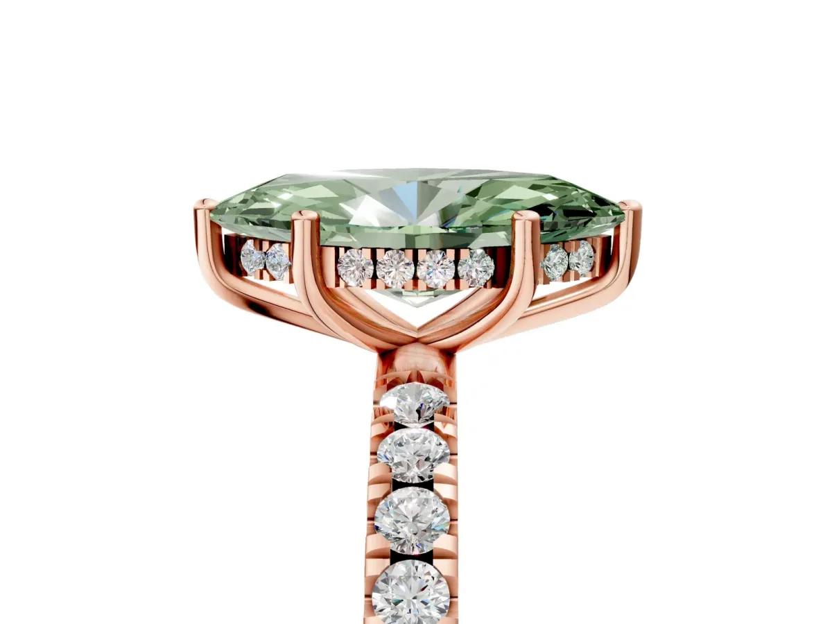Fancy Green Marquise Cut Diamond Pave Band Solitaire Ring with Round and Prong Setting Rose gold