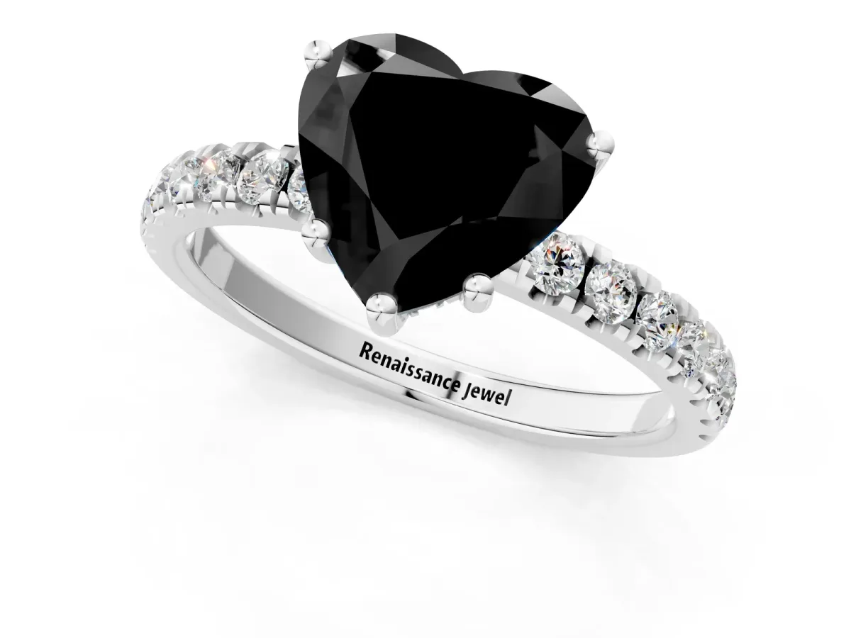 Fancy Black Heart Cut Diamond Pave Band Solitaire Ring with Round and Prong Setting Platinum