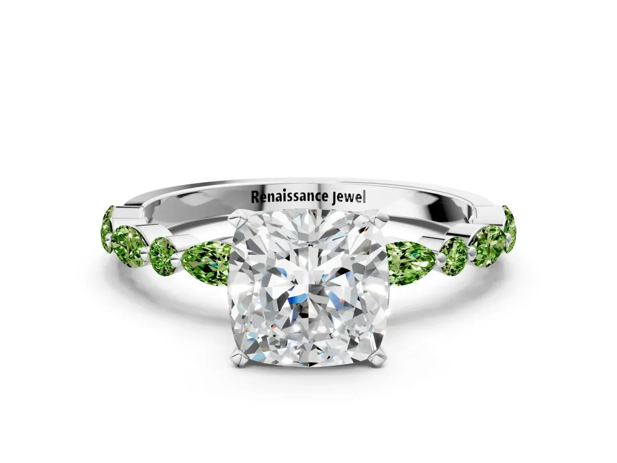 Cushion Cut Diamond Ring with Marquise and Round Peridot Side Stones and Four-Prong Setting Silver