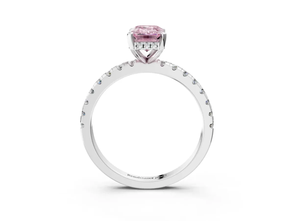 Fancy Pink Emerald Cut Diamond Solitaire Ring with Round Pavé Band and Four-Prong Setting Silver