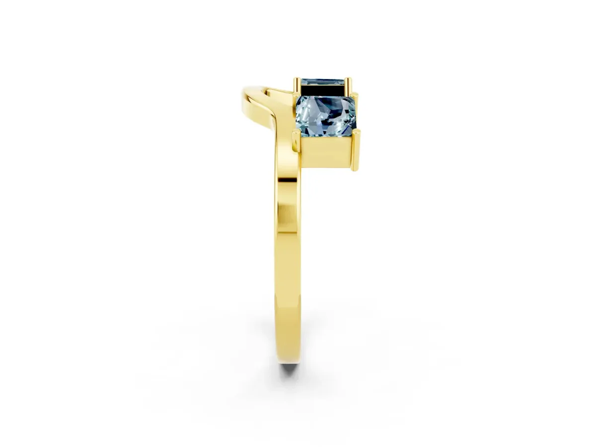 Princess Cut Aquamarine Two-Stone Open Band Ring with Four-Prong Setting Yellow gold