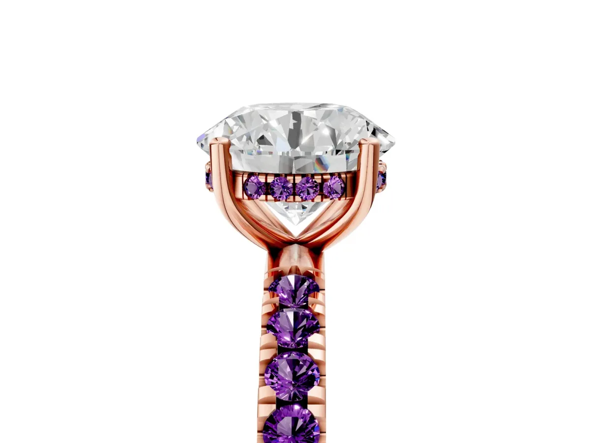 Round Cut Diamond Pave Band Solitaire Ring with Round Amethyst and Prong Setting Rose gold