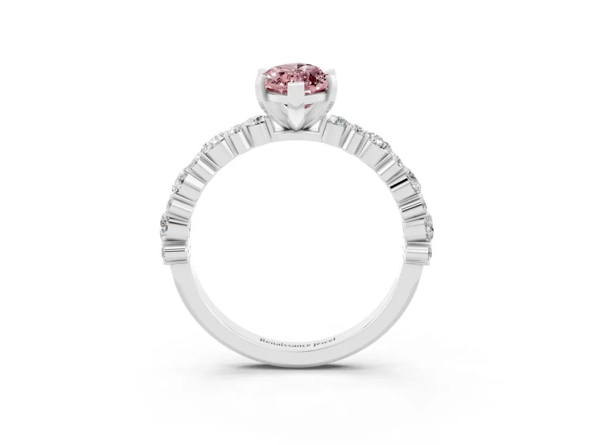 Marquise Cut Morganite Side Stone Solitaire Ring with Round and Four-Prong Setting Silver