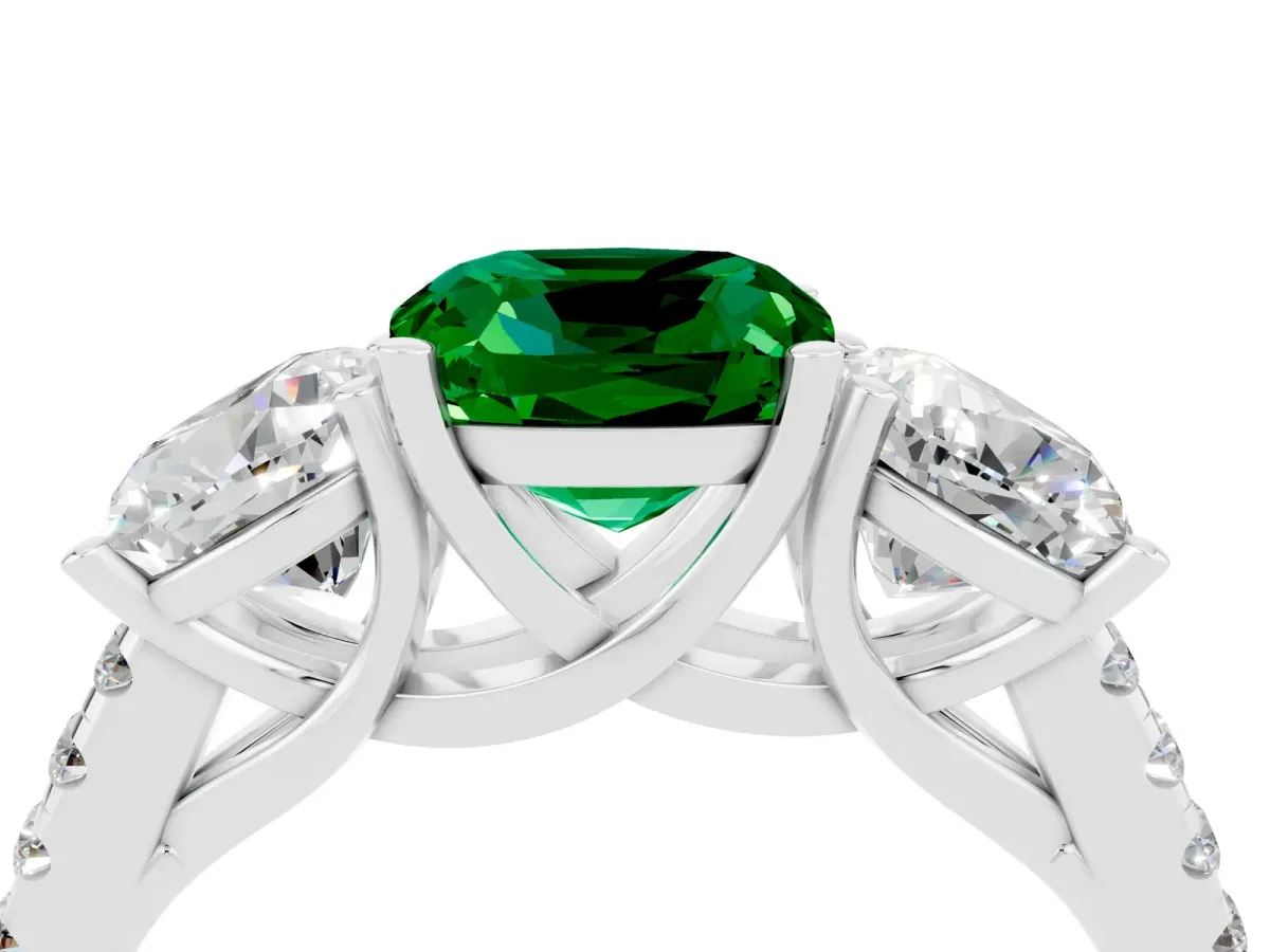 Three-Stone Cushion Cut Emerald Ring with Round Pavé Band and Prong Setting White gold