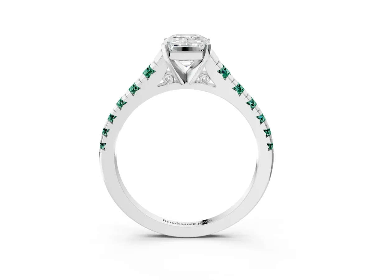 Emerald Cut Diamond Cathedral Solitaire Ring with Round Green Sapphire Pavé Band Silver