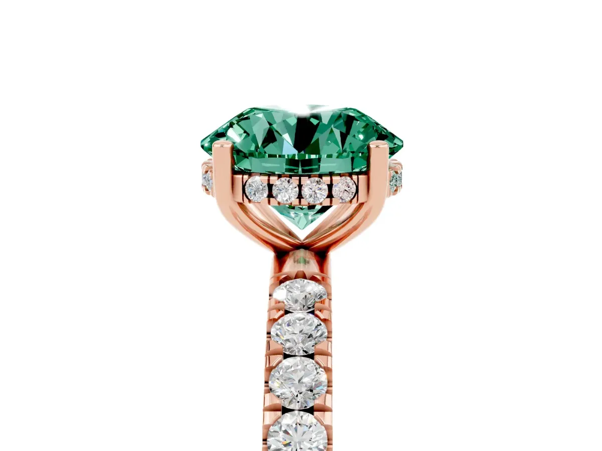 Round Cut Green Sapphire Pave Band Solitaire Ring with Round and Prong Setting Rose gold