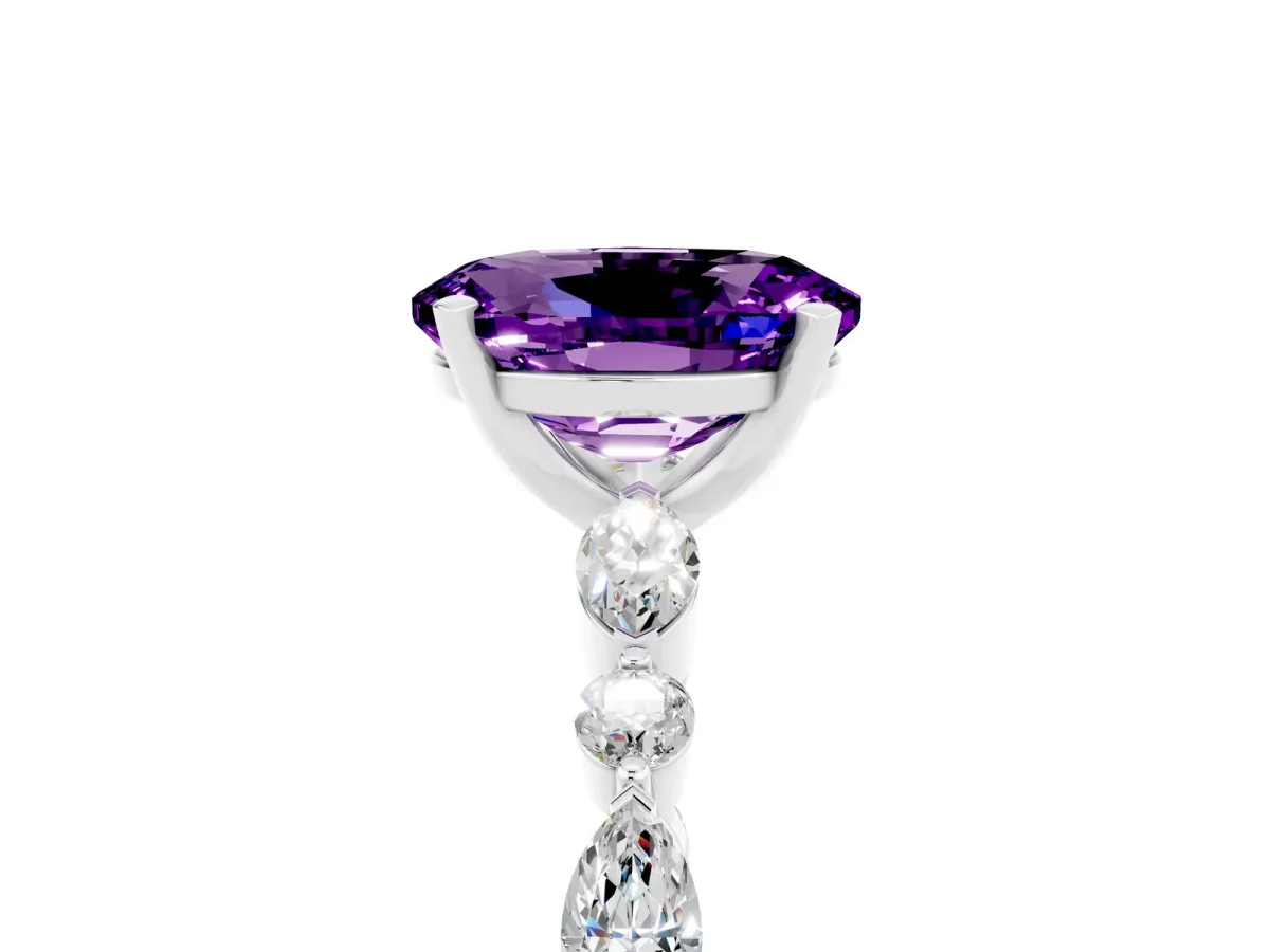 Oval Cut Amethyst Ring with Marquise and Round Side Stones and Four-Prong Setting Platinum