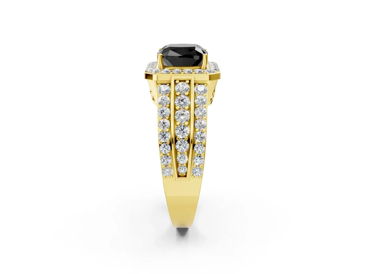 Fancy Black Cushion Cut Halo Diamond Ring with Round Split Shank and Prong Setting Yellow gold