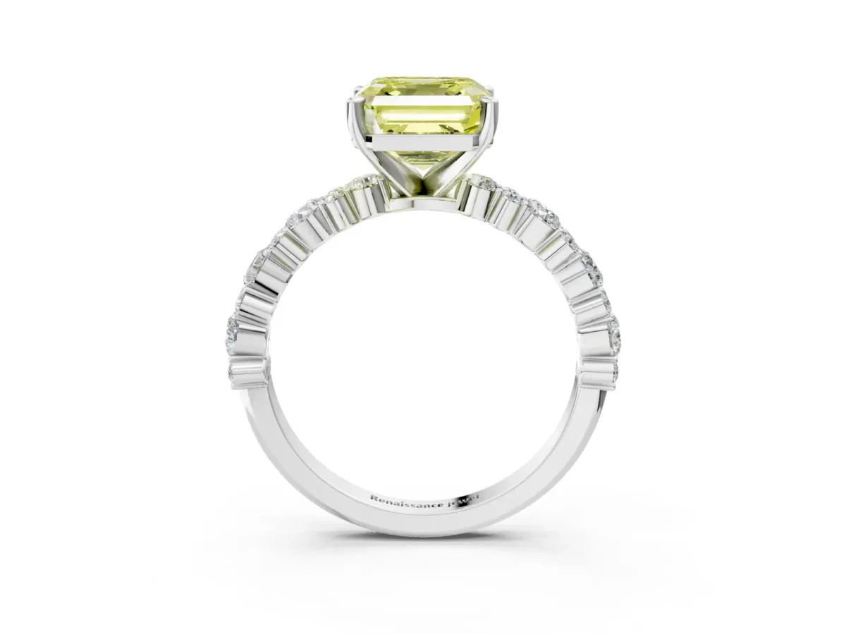 Fancy Yellow Asscher Cut Diamond Side Stone Solitaire Ring with Round and Four-Prong Setting Platinum
