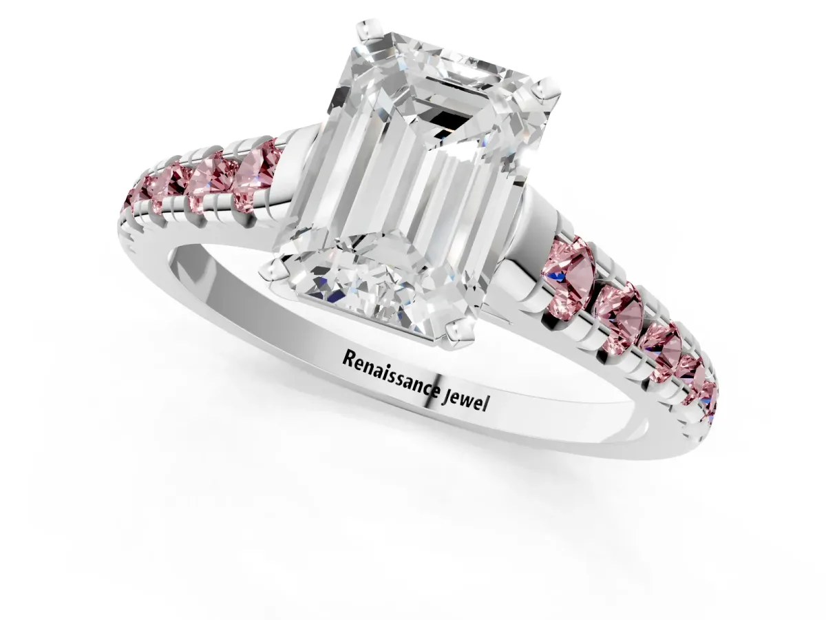 Emerald Cut Diamond Cathedral Solitaire Ring with Round Morganite Pavé Band Platinum