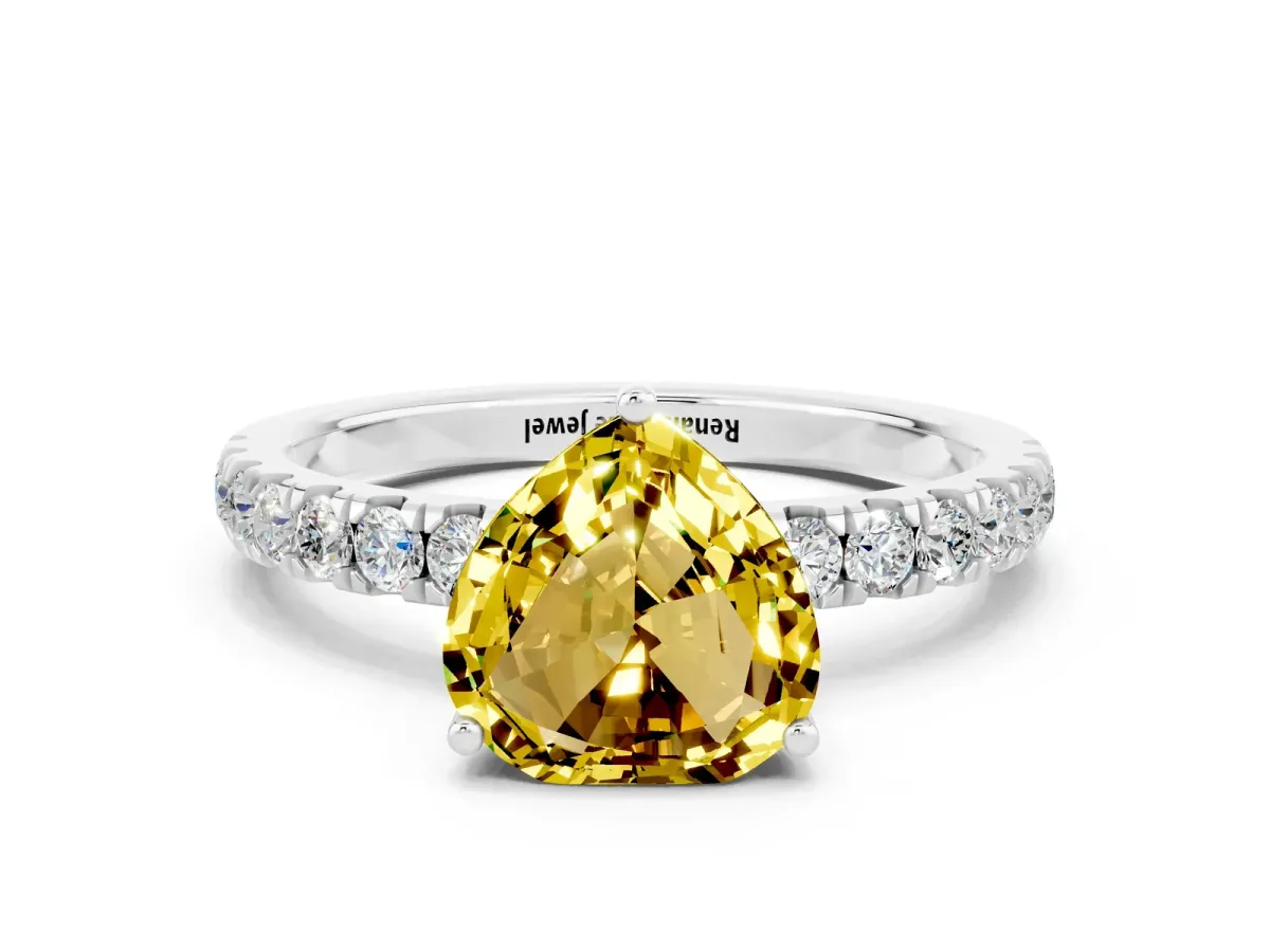 Heart Cut Yellow Sapphire Pave Band Solitaire Ring with Round and Prong Setting Platinum