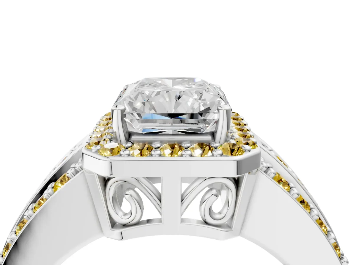 Radiant Cut Halo Diamond Ring with Round Yellow Sapphire Split Shank and Prong Setting Silver