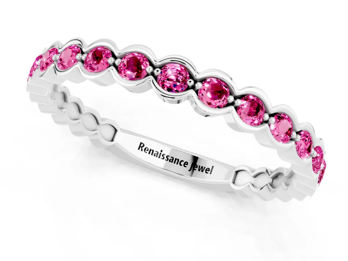 Round Pink Sapphire Bezel Set Eternity Band Platinum