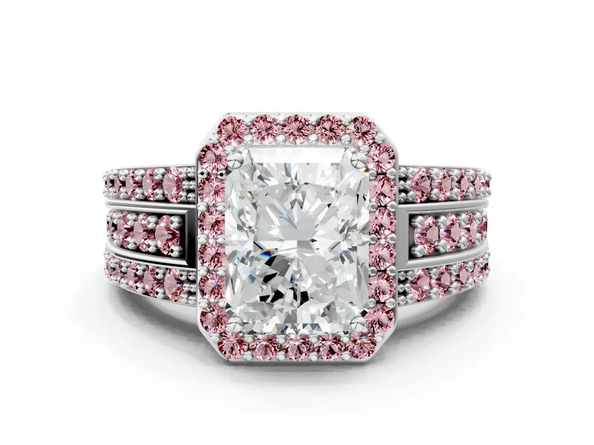 Radiant Cut Halo Diamond Ring with Round Morganite Split Shank and Prong Setting Platinum
