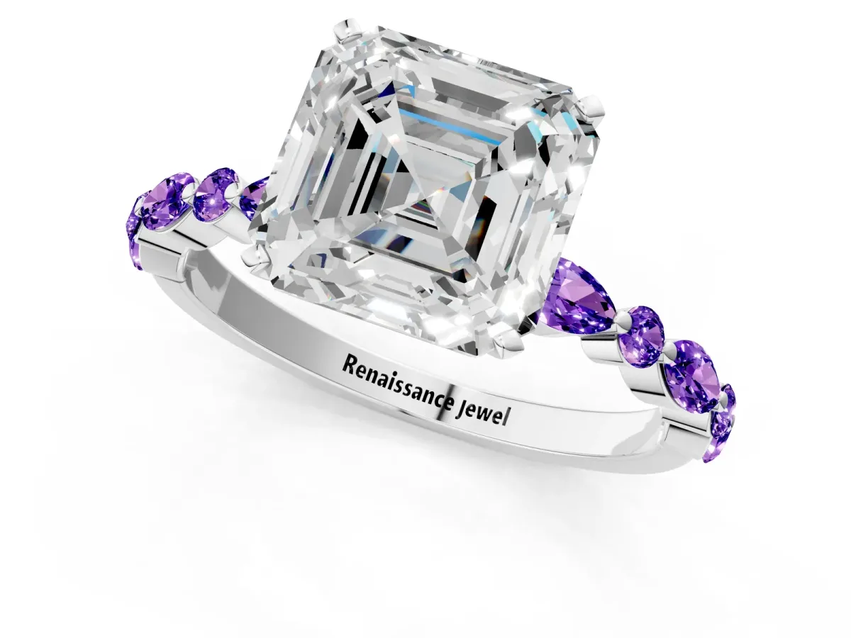 Asscher Cut Diamond Ring with Marquise and Round Tanzanite Side Stones and Four-Prong Setting Silver