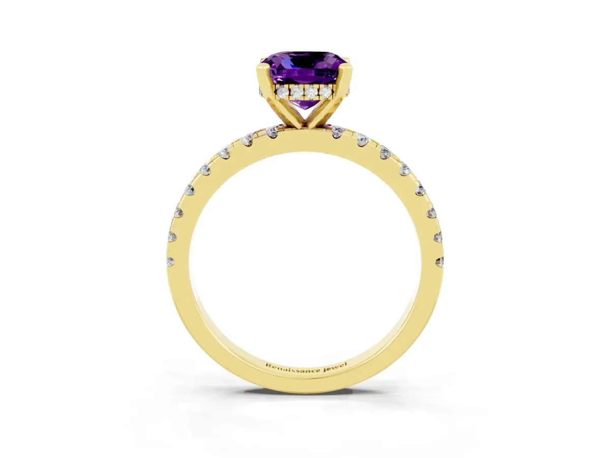 Cushion Cut Amethyst Solitaire Ring with Round Pavé Band and Four-Prong Setting Yellow gold