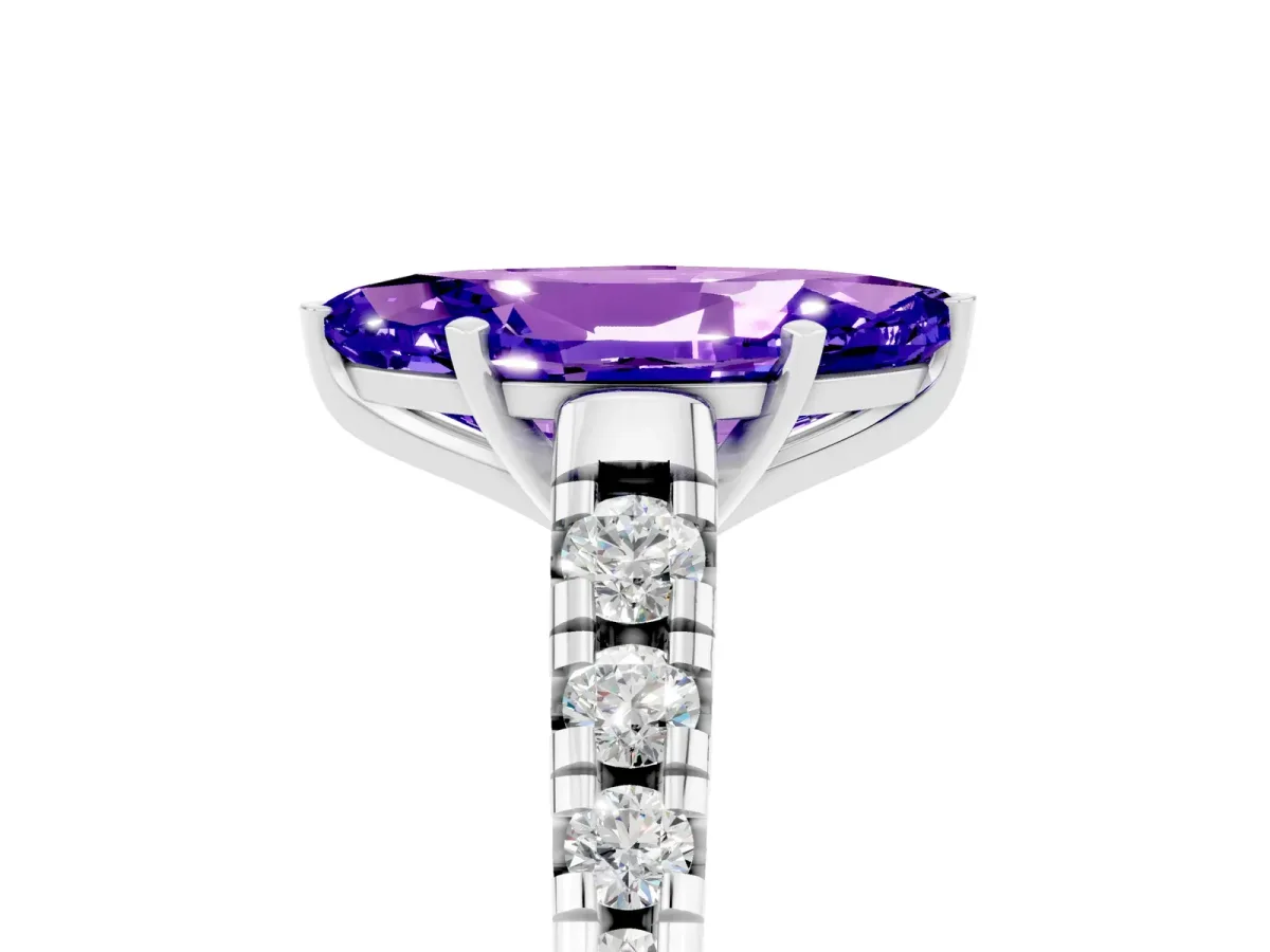 Marquise Cut Tanzanite Cathedral Solitaire Ring with Round Pavé Band Platinum