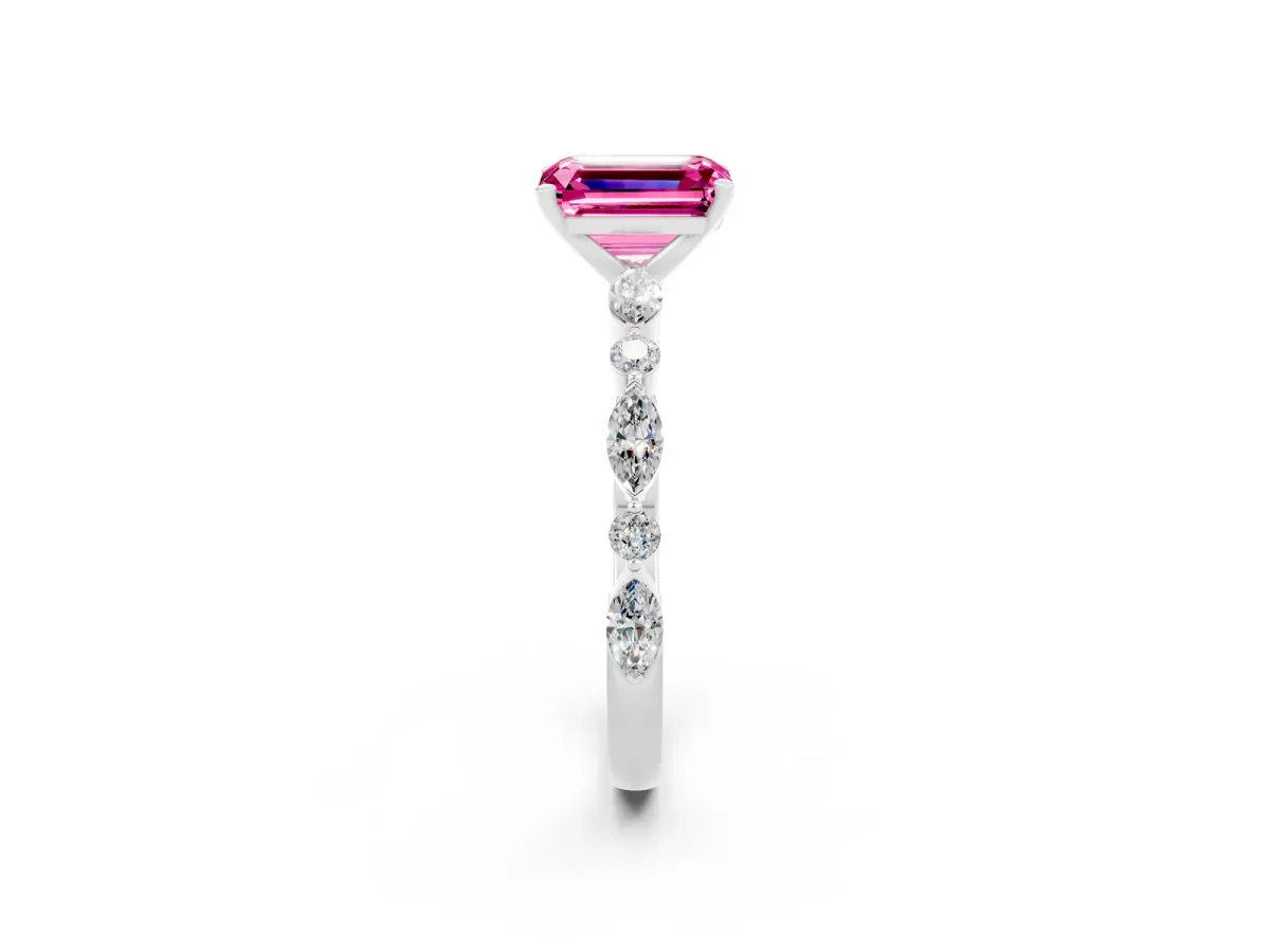 Emerald Cut Pink Sapphire Ring with Marquise and Round Side Stones and Four-Prong Setting Silver