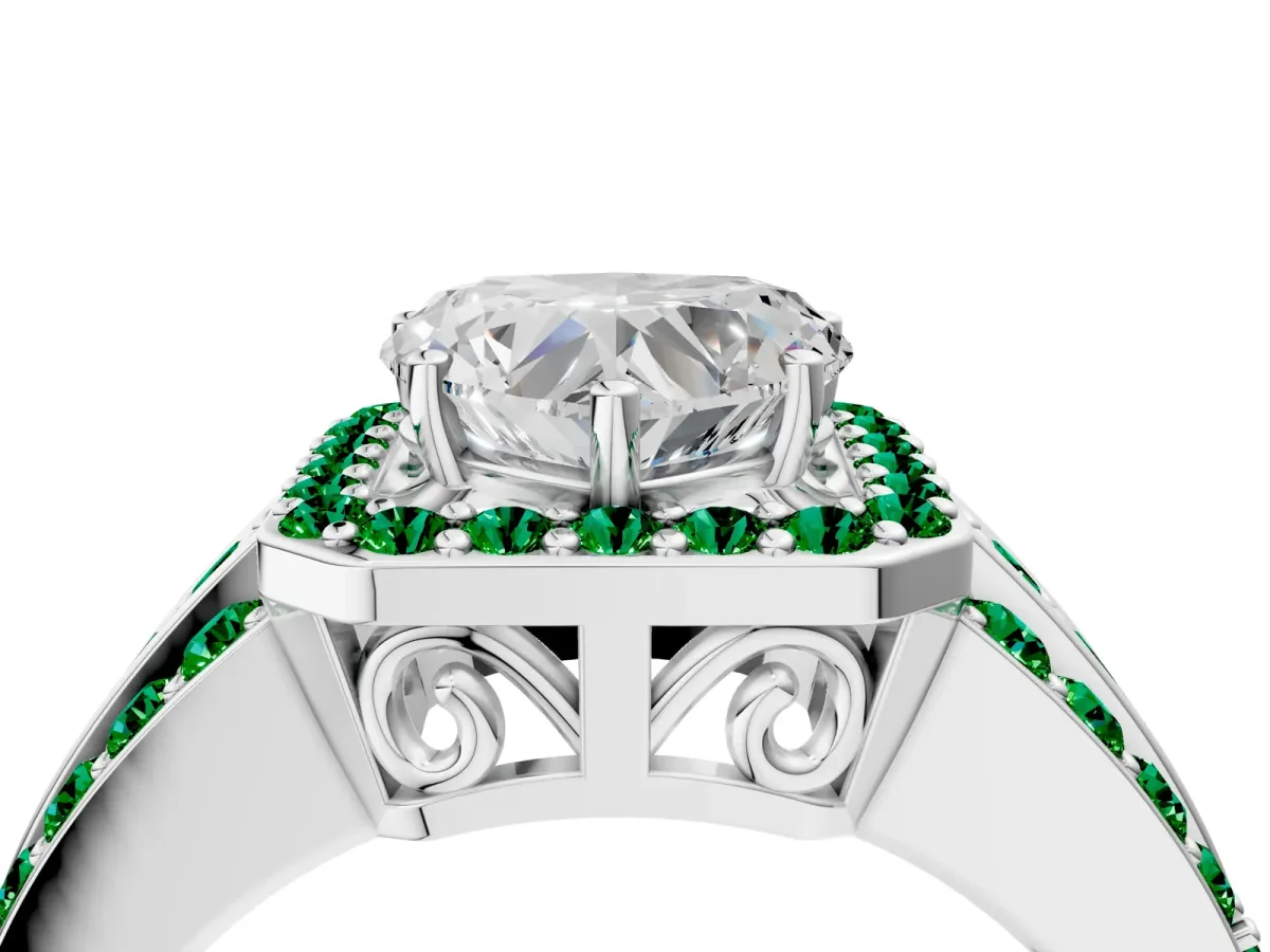 Heart Cut Halo Diamond Ring with Round Emerald Split Shank and Prong Setting Silver