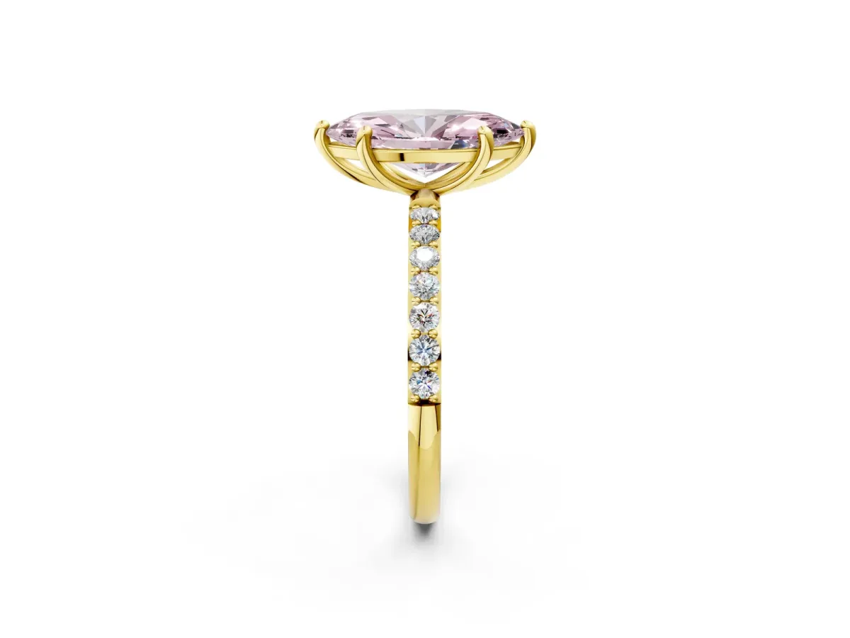 Fancy Pink Marquise Cut Diamond Solitaire Ring with Round Pavé Band and Prong Setting Yellow gold