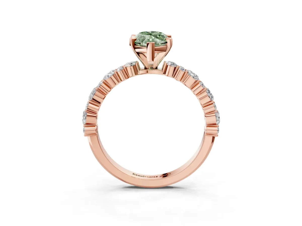 Fancy Green Marquise Cut Diamond Side Stone Solitaire Ring with Round and Four-Prong Setting Rose gold