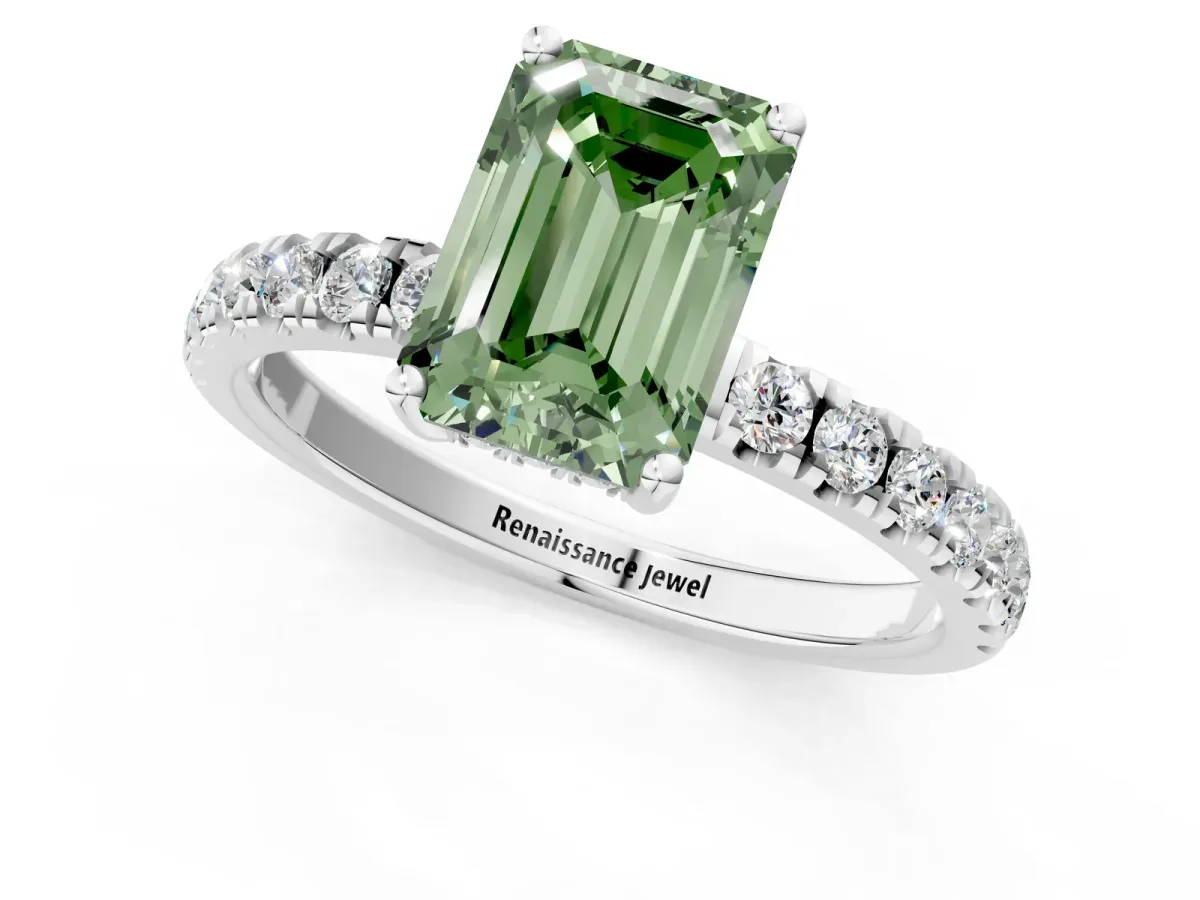 Fancy Green Emerald Cut Diamond Pave Band Solitaire Ring with Round and Prong Setting Silver