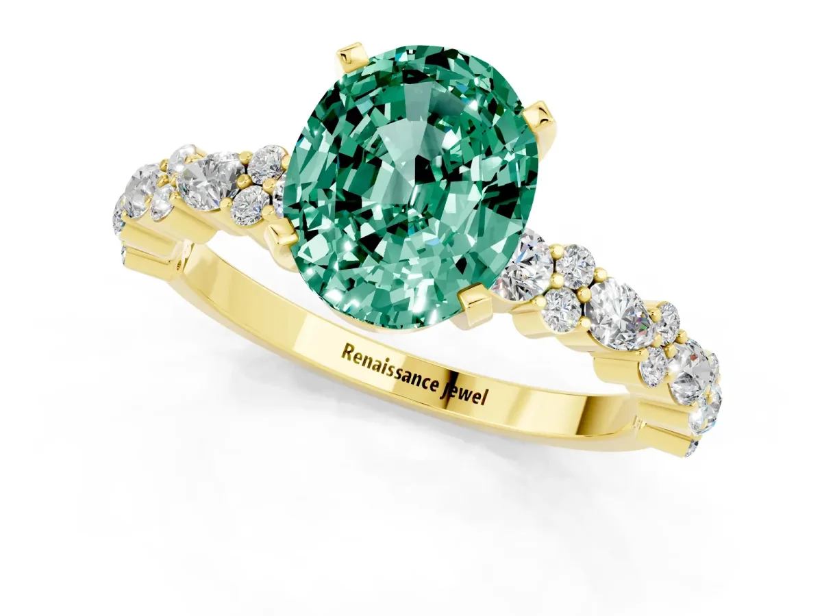 Oval Cut Green Sapphire Side Stone Solitaire Ring with Round and Four-Prong Setting Yellow gold
