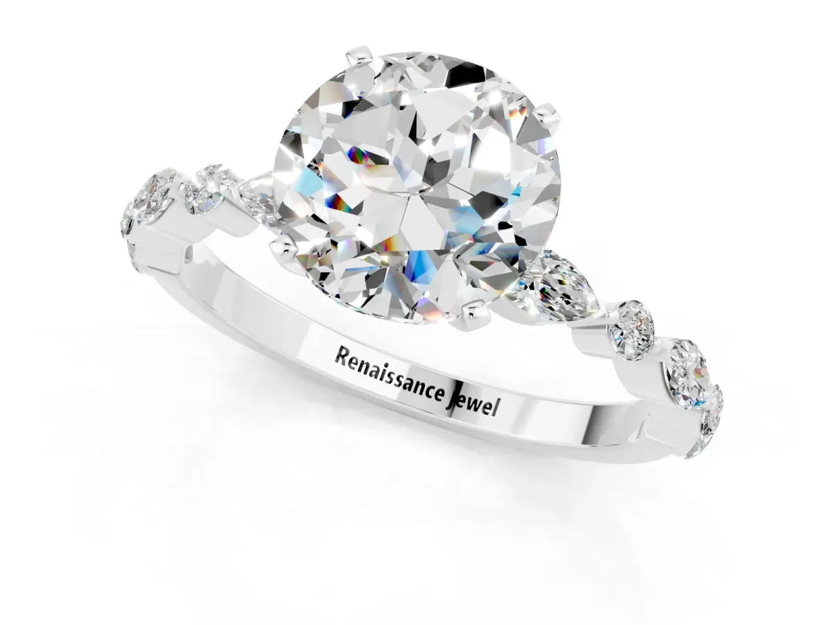 Round Cut Moissanite Ring with Marquise and Round Side Stones and Four-Prong Setting Silver