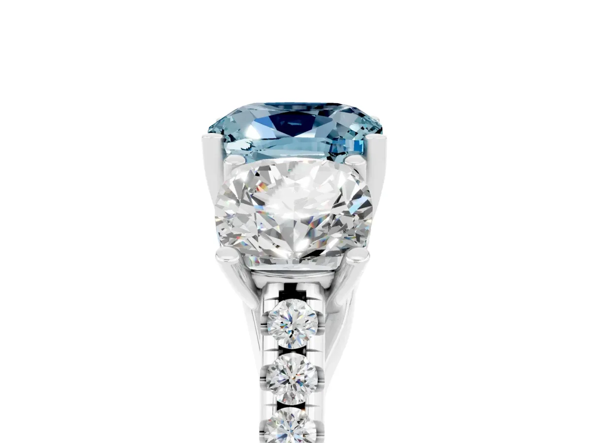 Three-Stone Cushion Cut Aquamarine Ring with Round Pavé Band and Prong Setting White gold