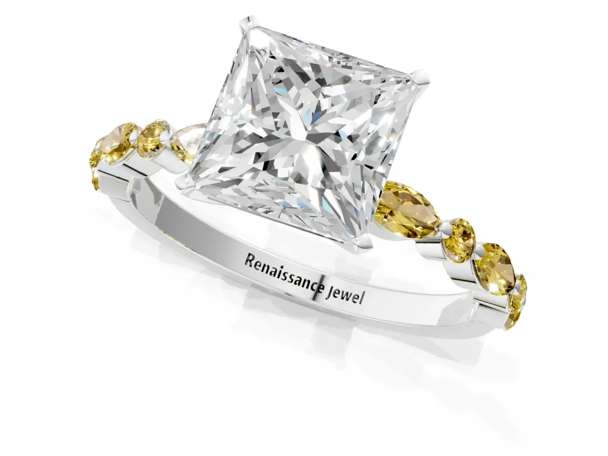 Princess Cut Diamond Ring with Marquise and Round Yellow Sapphire Side Stones and Four-Prong Setting Silver