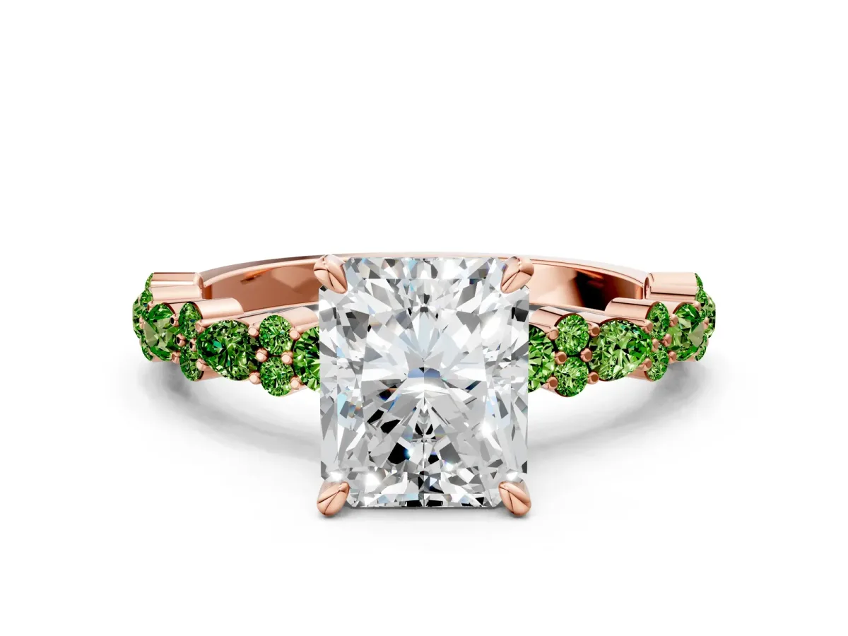 Radiant Cut Diamond Side Stone Solitaire Ring with Round Peridot and Four-Prong Setting Rose gold