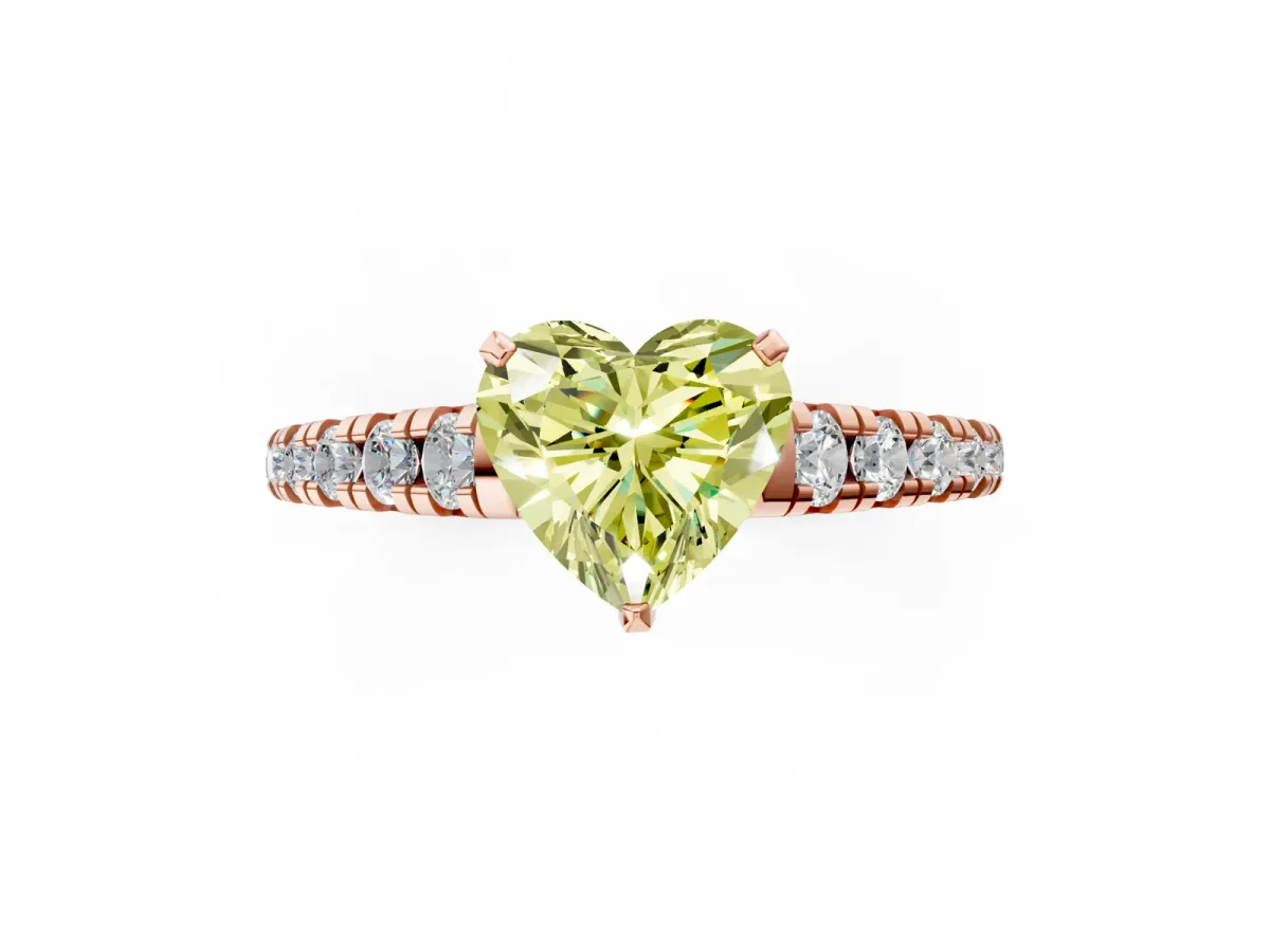 Fancy Yellow Heart Cut Diamond Cathedral Solitaire Ring with Round Pavé Band Rose gold