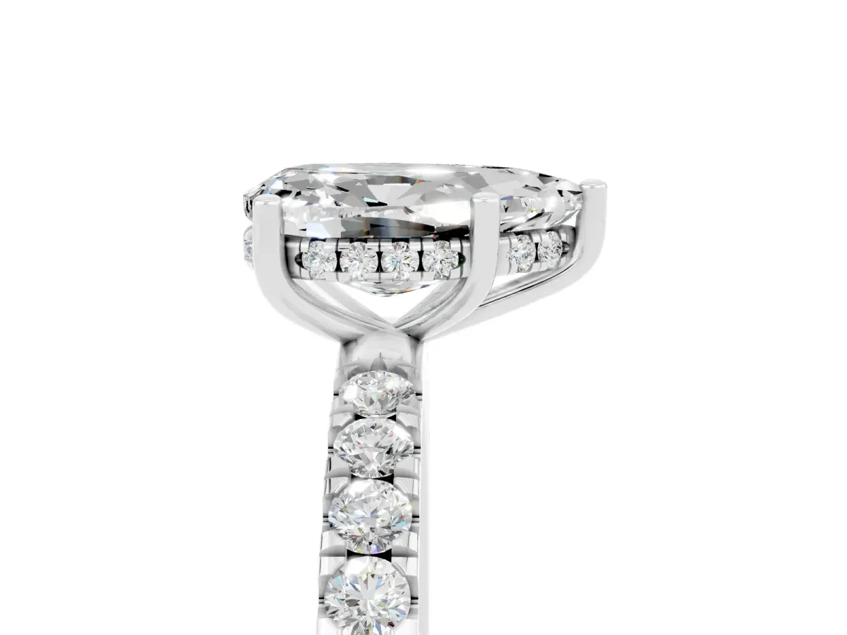 Pear Cut Moissanite Pave Band Solitaire Ring with Round and Prong Setting White gold