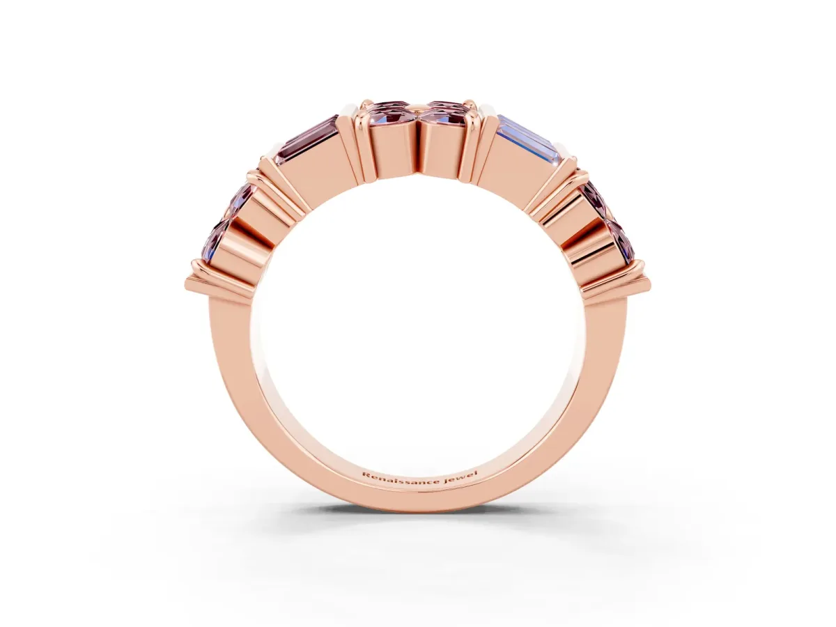 Channel Set Round and Baguette Morganite Anniversary Band with Prong Setting Rose gold