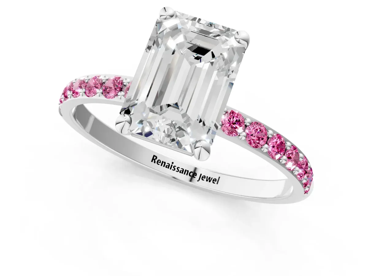 Emerald Cut Diamond Solitaire Ring with Round Pink Sapphire Pavé Band and Prong Setting Platinum