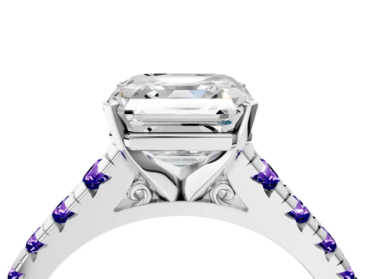 Asscher Cut Diamond Cathedral Solitaire Ring with Round Tanzanite Pavé Band Platinum