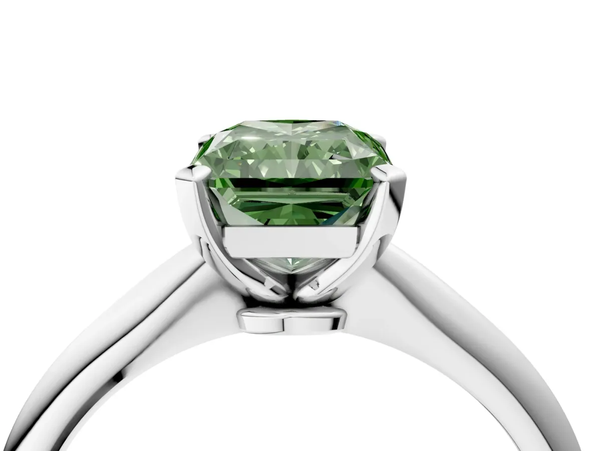 Fancy Green Radiant Cut Diamond Solitaire Engagement Ring with Classic Band and Four-Prong Setting Silver