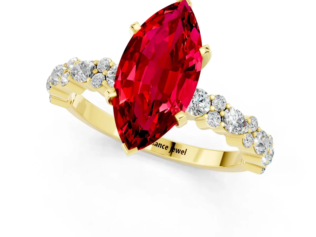 Marquise Cut Ruby Side Stone Solitaire Ring with Round and Four-Prong Setting Yellow gold