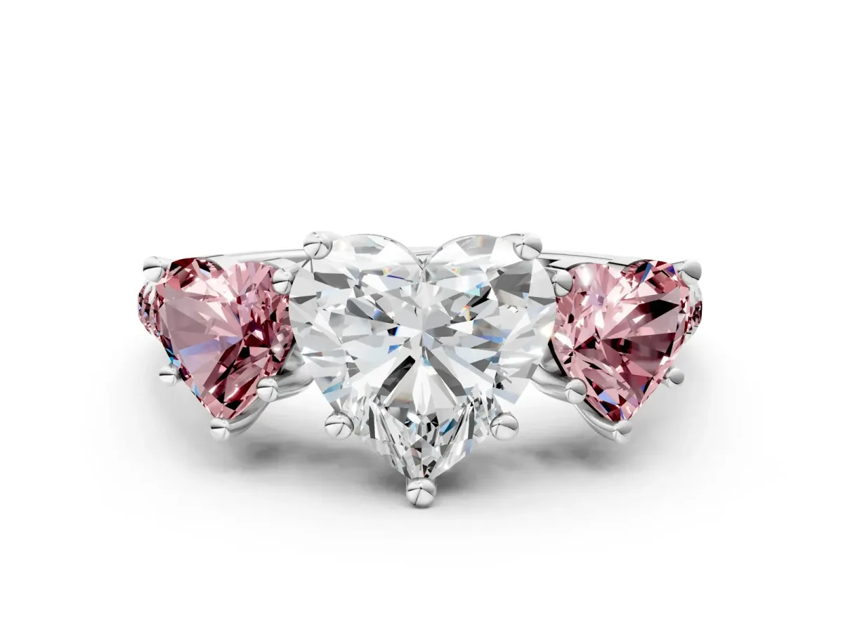 Three-Stone Heart Cut Diamond Ring with Round Morganite Pavé Band and Prong Setting White gold