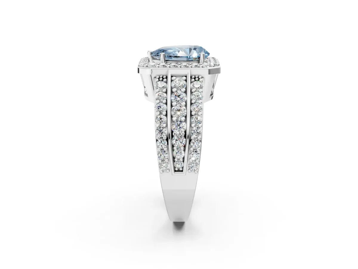 Fancy Blue Pear Cut Halo Diamond Ring with Round Split Shank and Prong Setting White gold