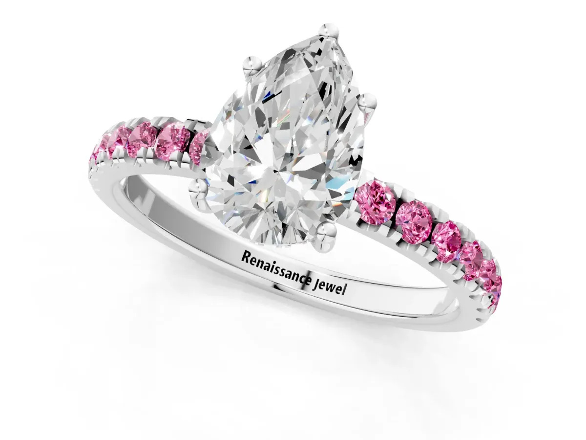 Pear Cut Diamond Pave Band Solitaire Ring with Round Pink Sapphire and Prong Setting White gold