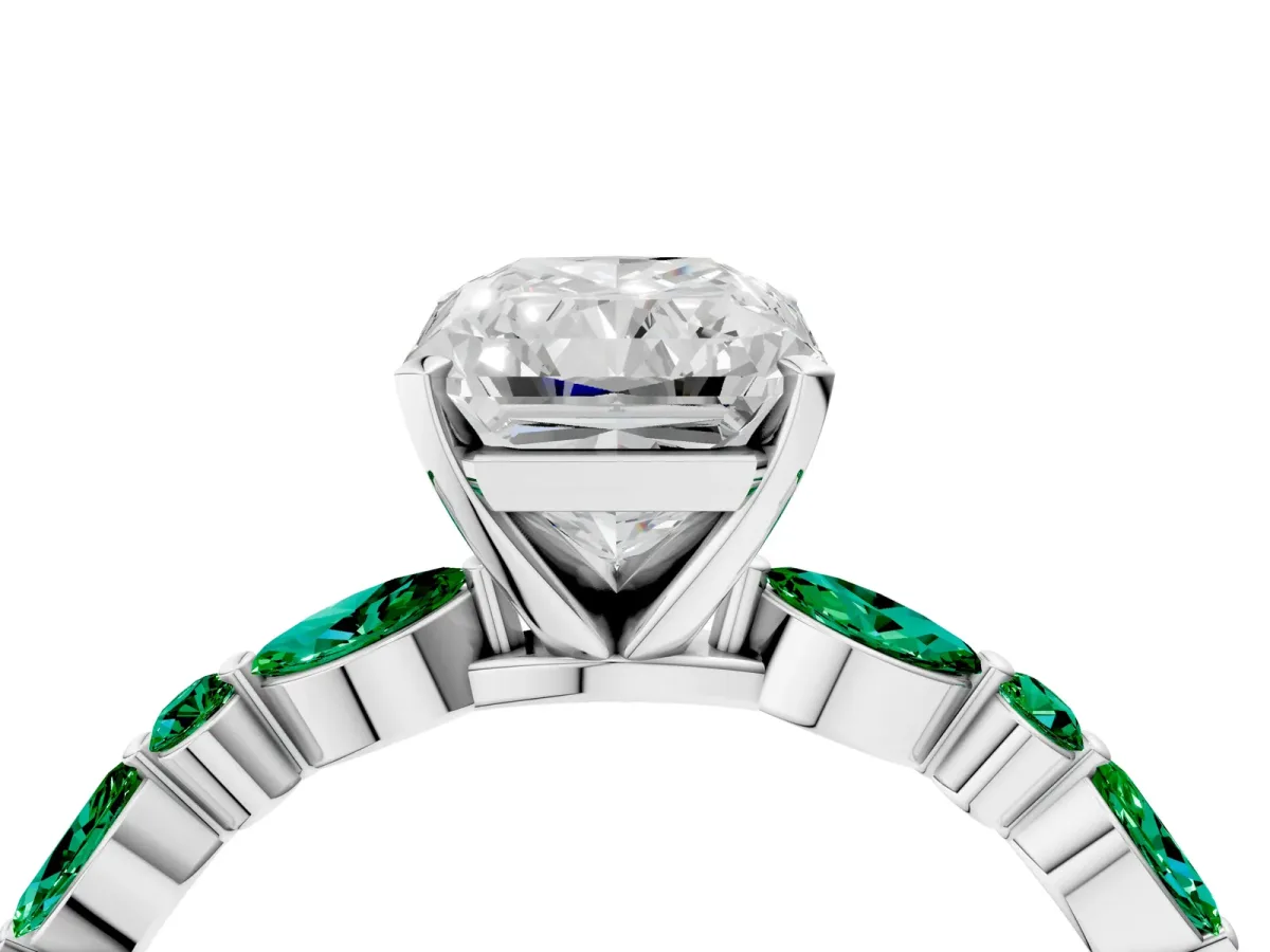 Radiant Cut Diamond Ring with Marquise and Round Emerald Side Stones and Four-Prong Setting Platinum