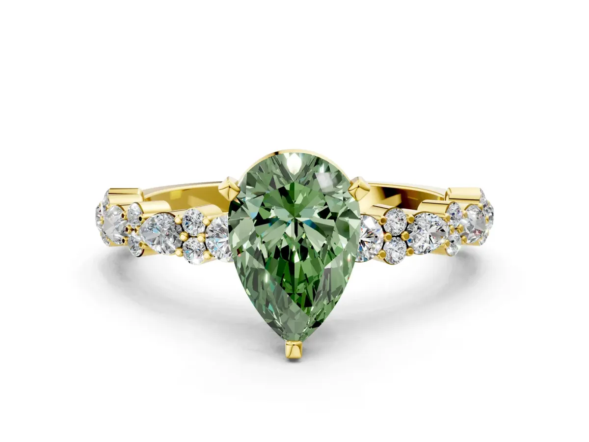 Fancy Green Pear Cut Diamond Side Stone Solitaire Ring with Round and Four-Prong Setting Yellow gold