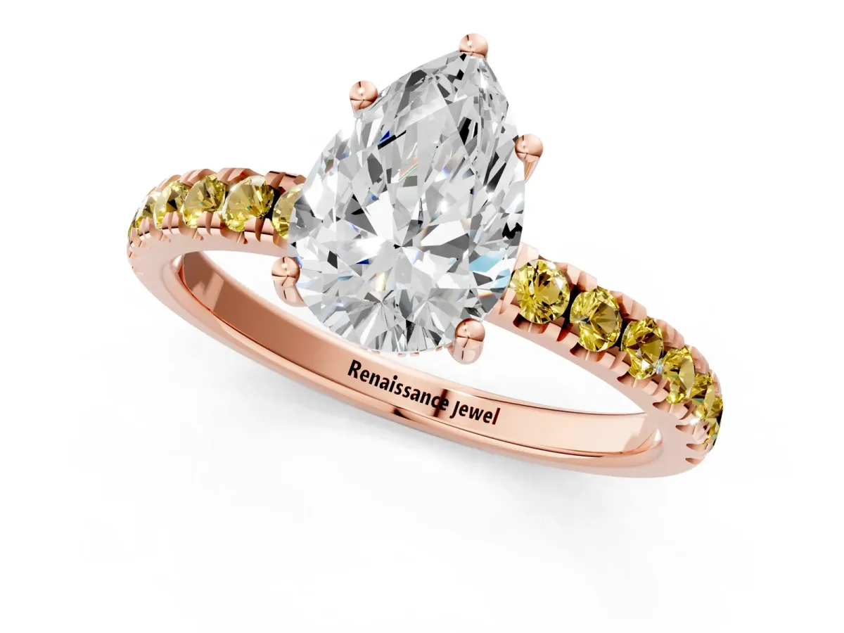 Pear Cut Diamond Pave Band Solitaire Ring with Round Yellow Sapphire and Prong Setting Rose gold