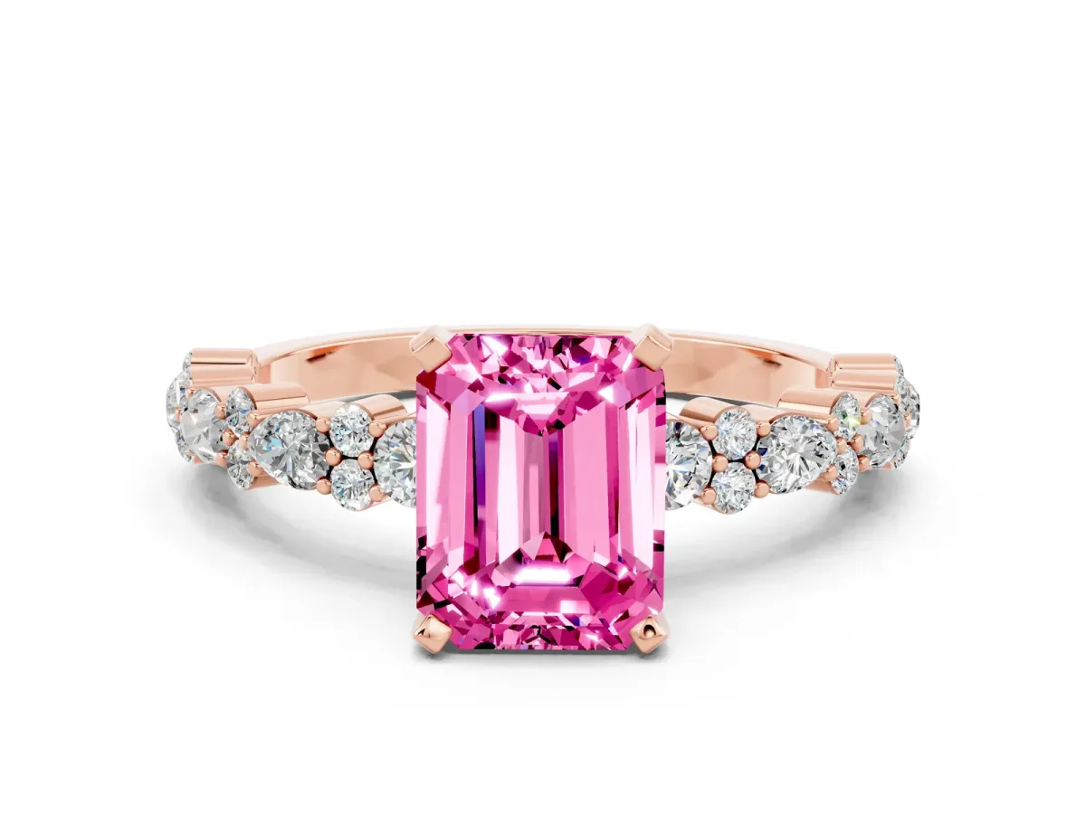 Emerald Cut Pink Sapphire Side Stone Solitaire Ring with Round and Four-Prong Setting Rose gold