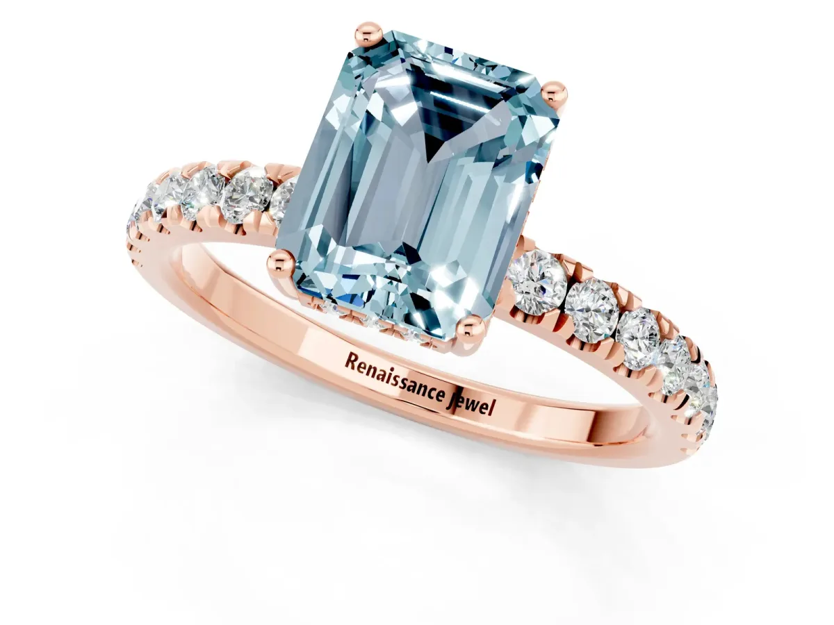 Emerald Cut Aquamarine Pave Band Solitaire Ring with Round and Prong Setting Rose gold